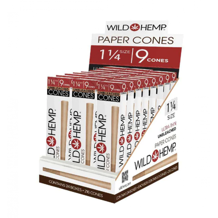 Wild Hemp Unbleached Ultra Thin Cones 1¼ Size 9ct - 24pk Display Wild Hemp Unbleached Ultra Thin Cones 1¼ Size 9ct - 24pk Display